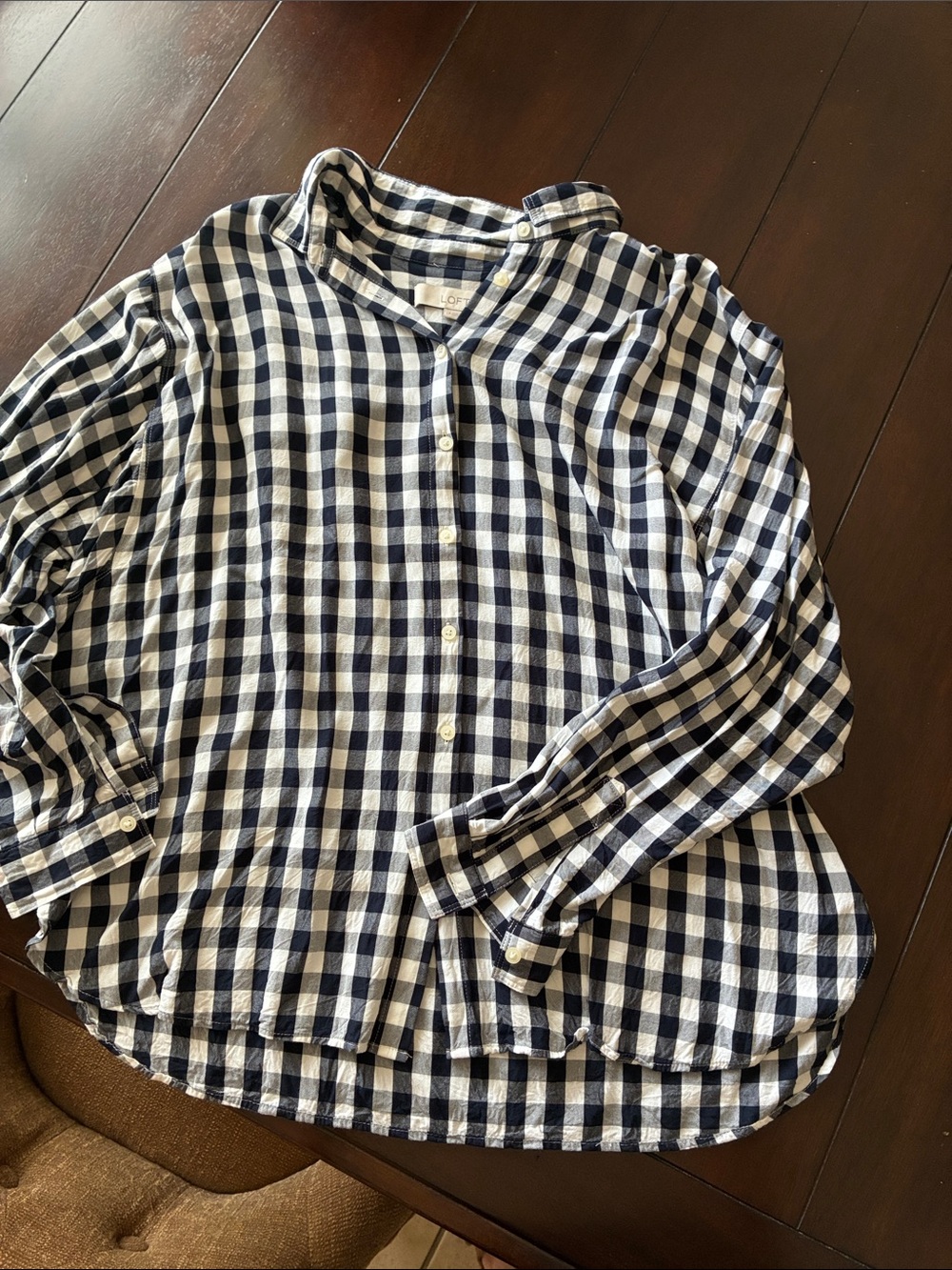 LOFT Navy and White Gingham Button-Down Blouse